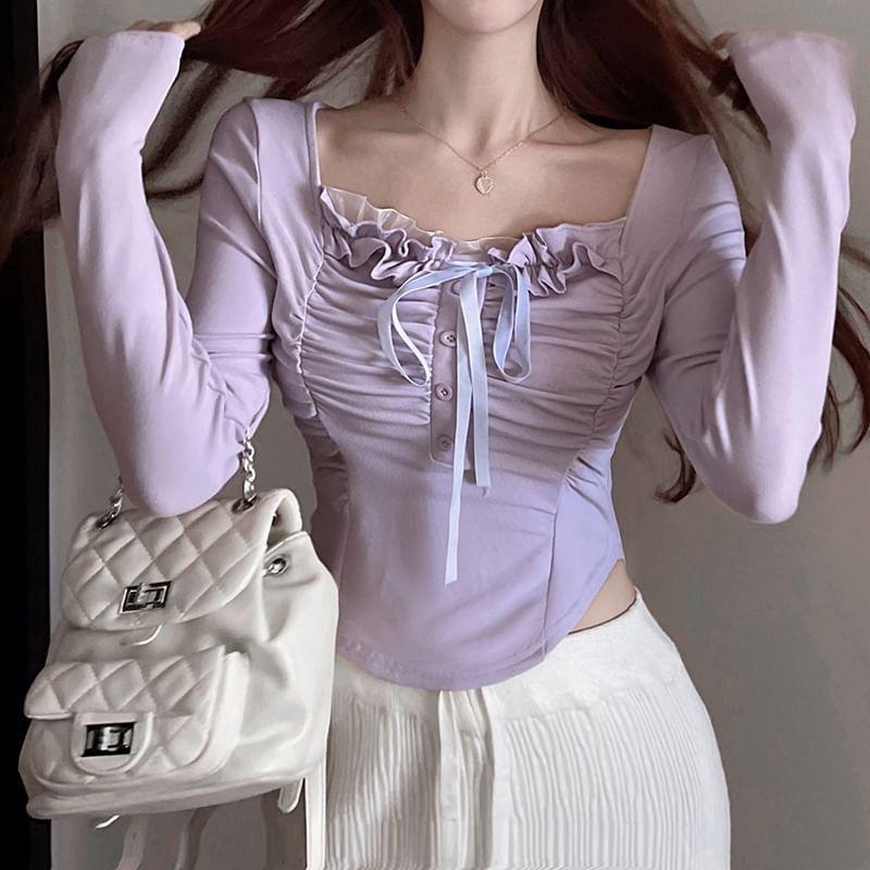 Long Sleeve Square Neck Plain Bow Ruffle Button Top Product Image