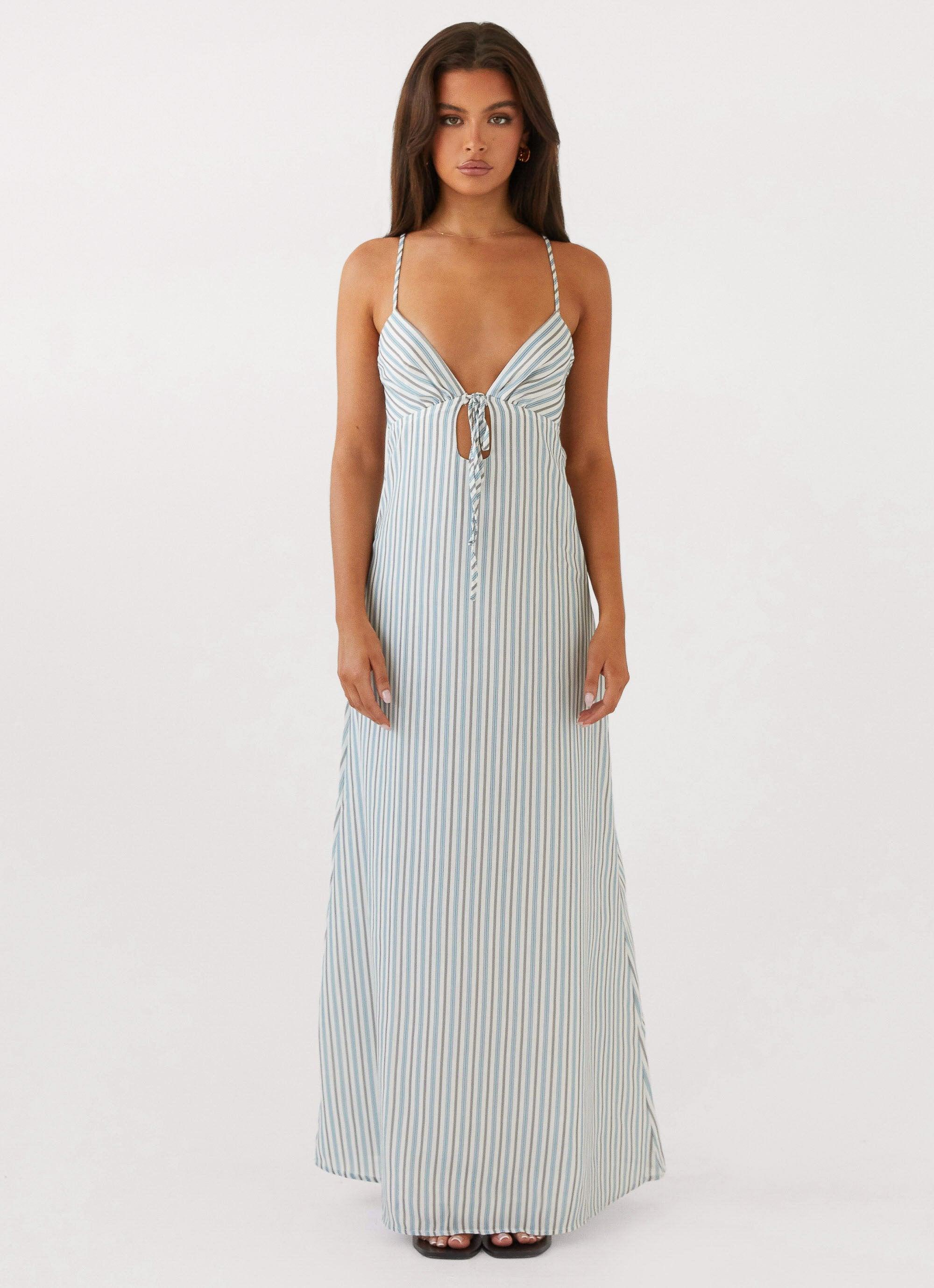 Flora Linen Maxi Dress - Blue Choc Stripe Product Image