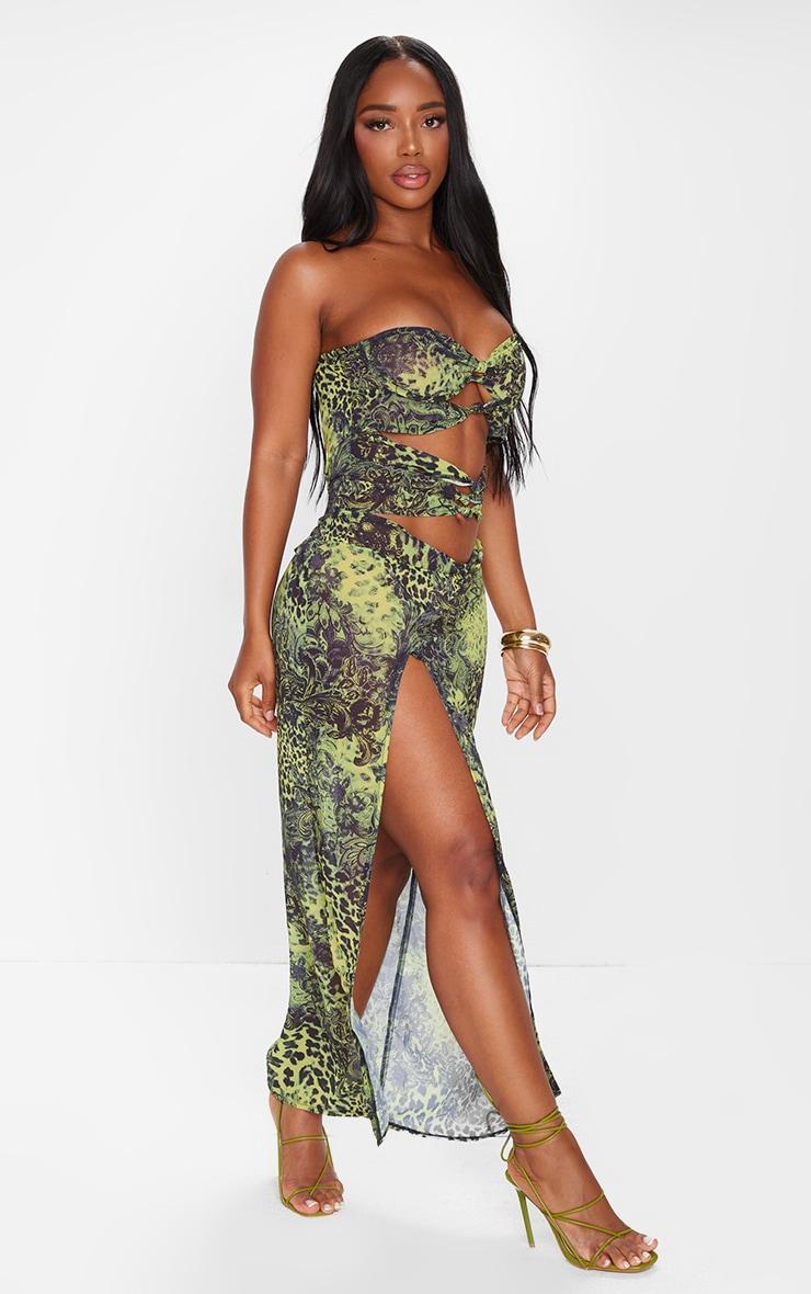 Shape Green Chiffon Leopard Printed Bandeau Cut Out Split Maxi Dress Product Image