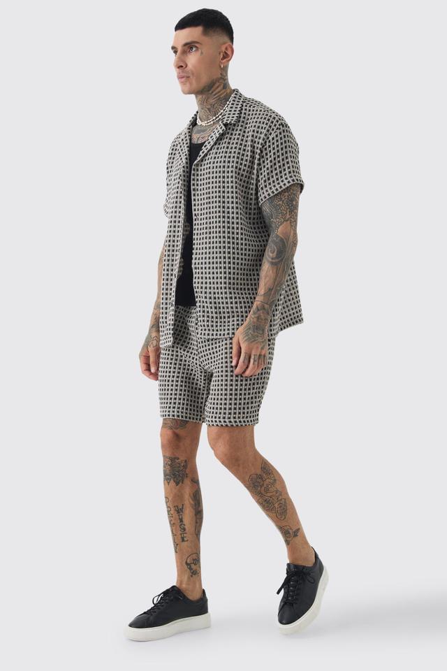 Tall Open Weave Oversized Shirt & Short Set | boohooMAN USA Product Image