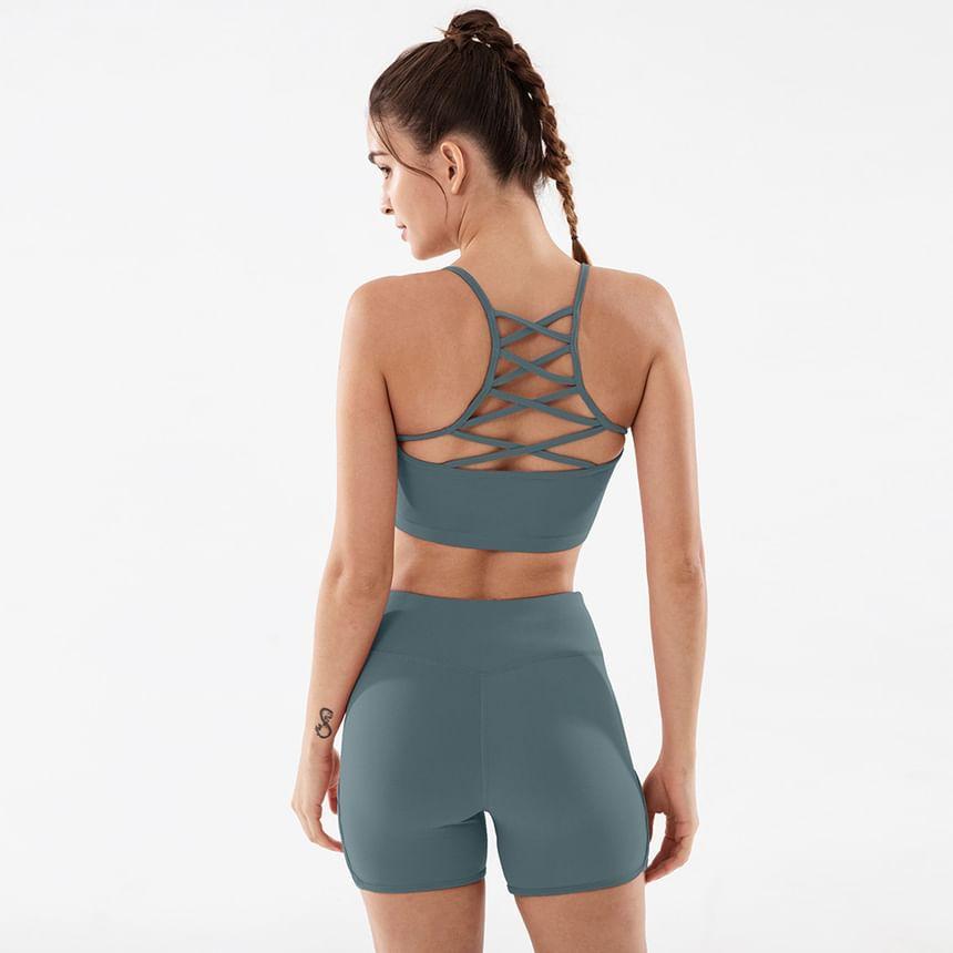 Set: Plain Sports Bra + High Waist Bike Shorts Product Image