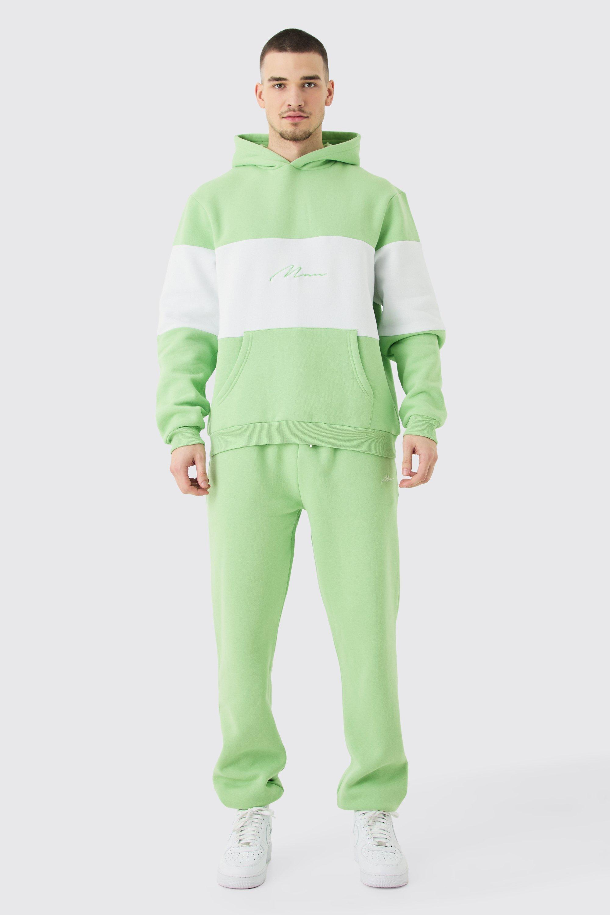 Tall Colour Block Man Hooded Tracksuit In Sage | boohooMAN USA Product Image