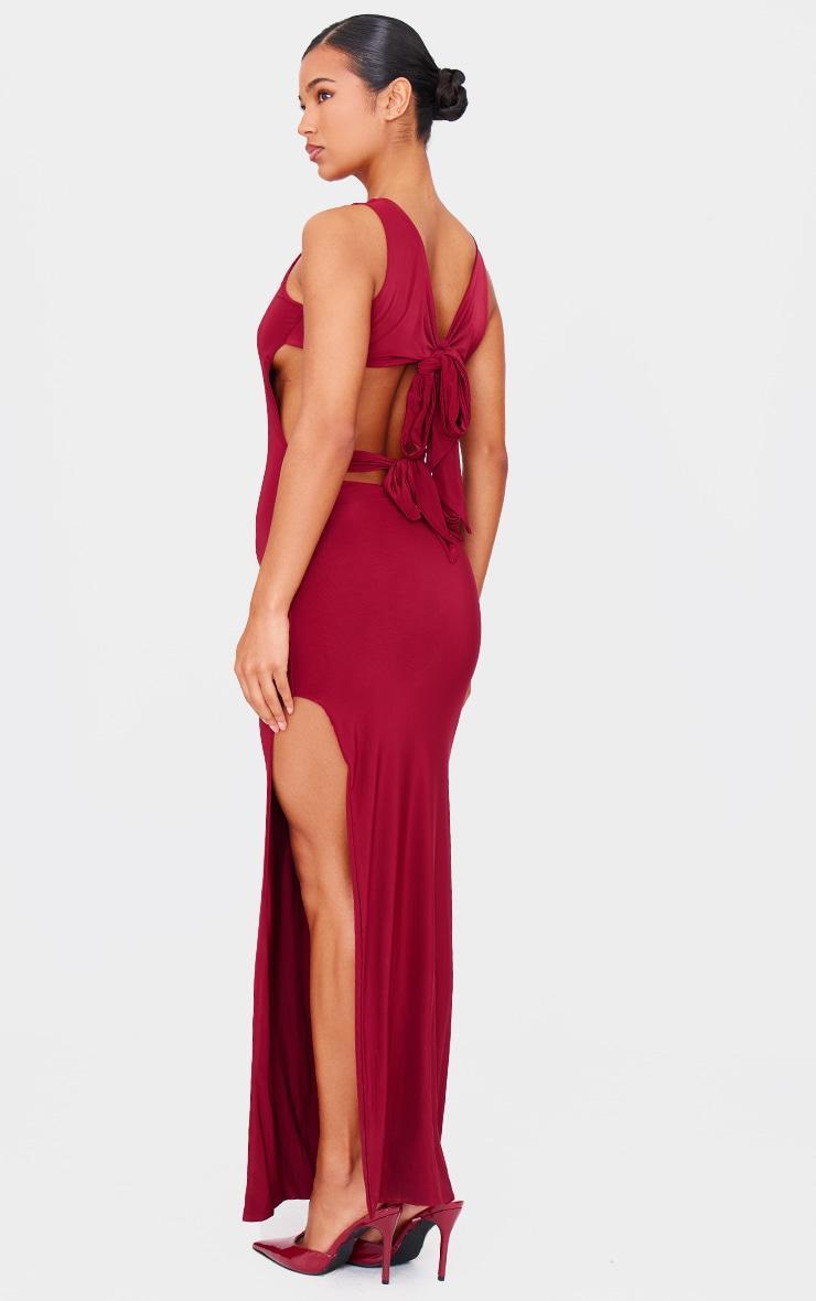 Burgundy Double Layer Slinky Tie Back Maxi Dress Product Image