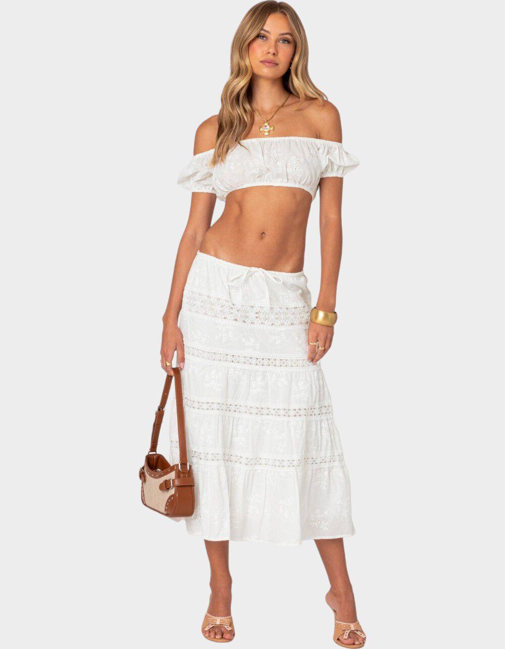 EDIKTED Tiered Cotton Lace Midi Skirt Product Image