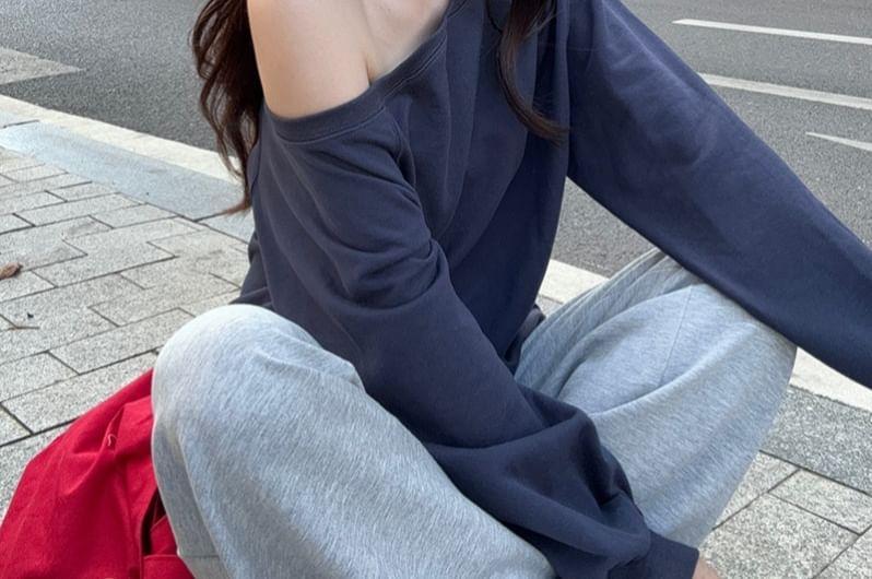 One Shoulder Plain Sweatshirt / Drawstring Waist Plain Wide Leg Sweatpants Product Image