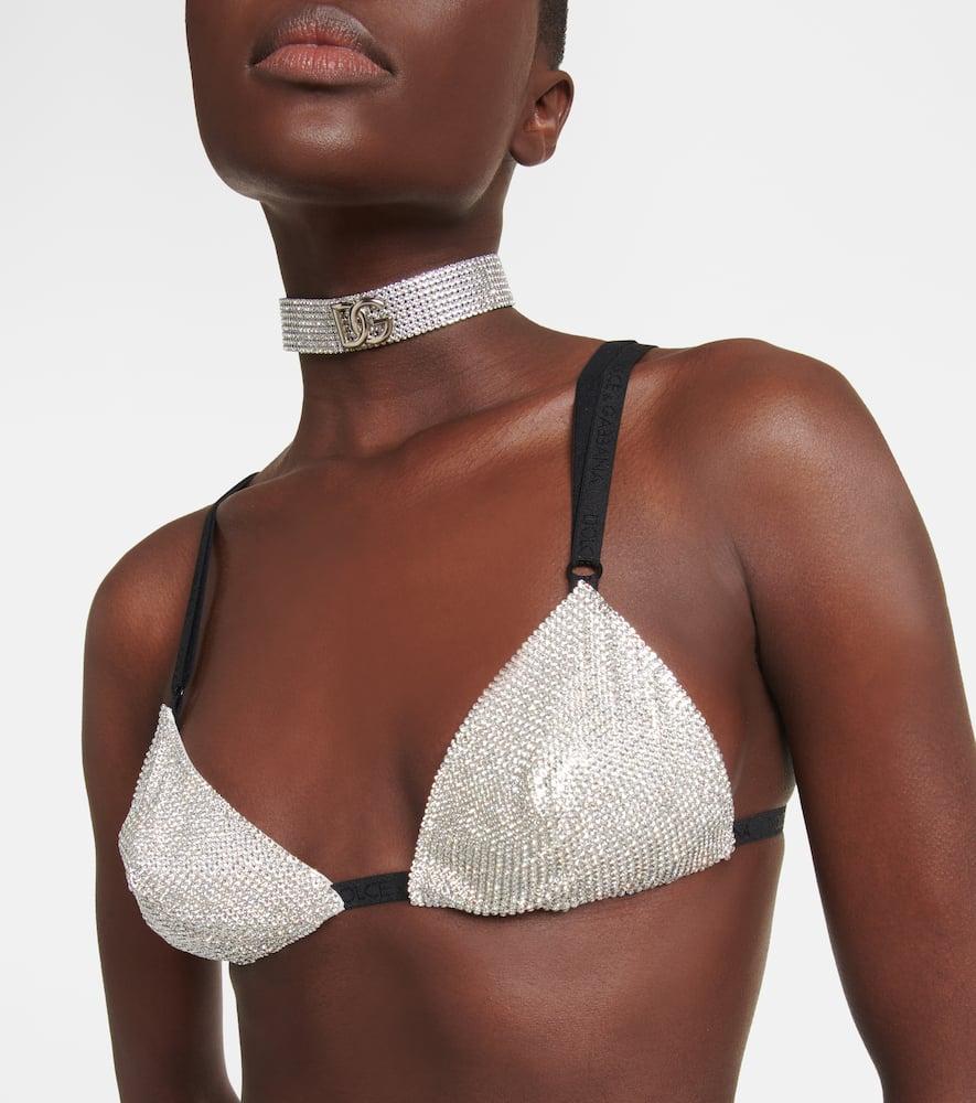 DOLCE & GABBANA Crystal-embellished Triangle Bra In Silver Product Image