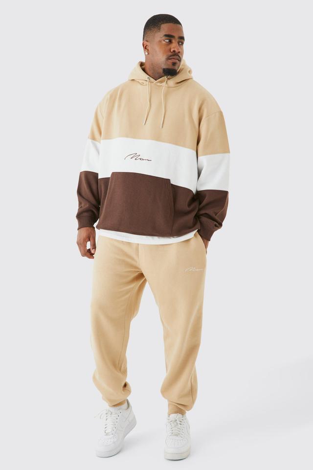 Mens Beige Plus Colour Block Tracksuit, Beige Product Image