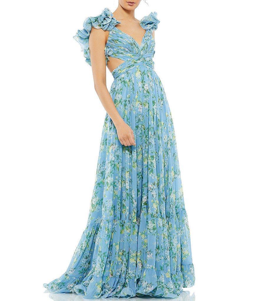 Mac Duggal Floral Chiffon V-Neck Sleeveless Ruffle Shoulder Side Cut-Out Gown Product Image