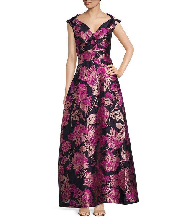 Kay Unger Metallic Floral Print Portrait Neck Cap Sleeve A-Line Gown Product Image