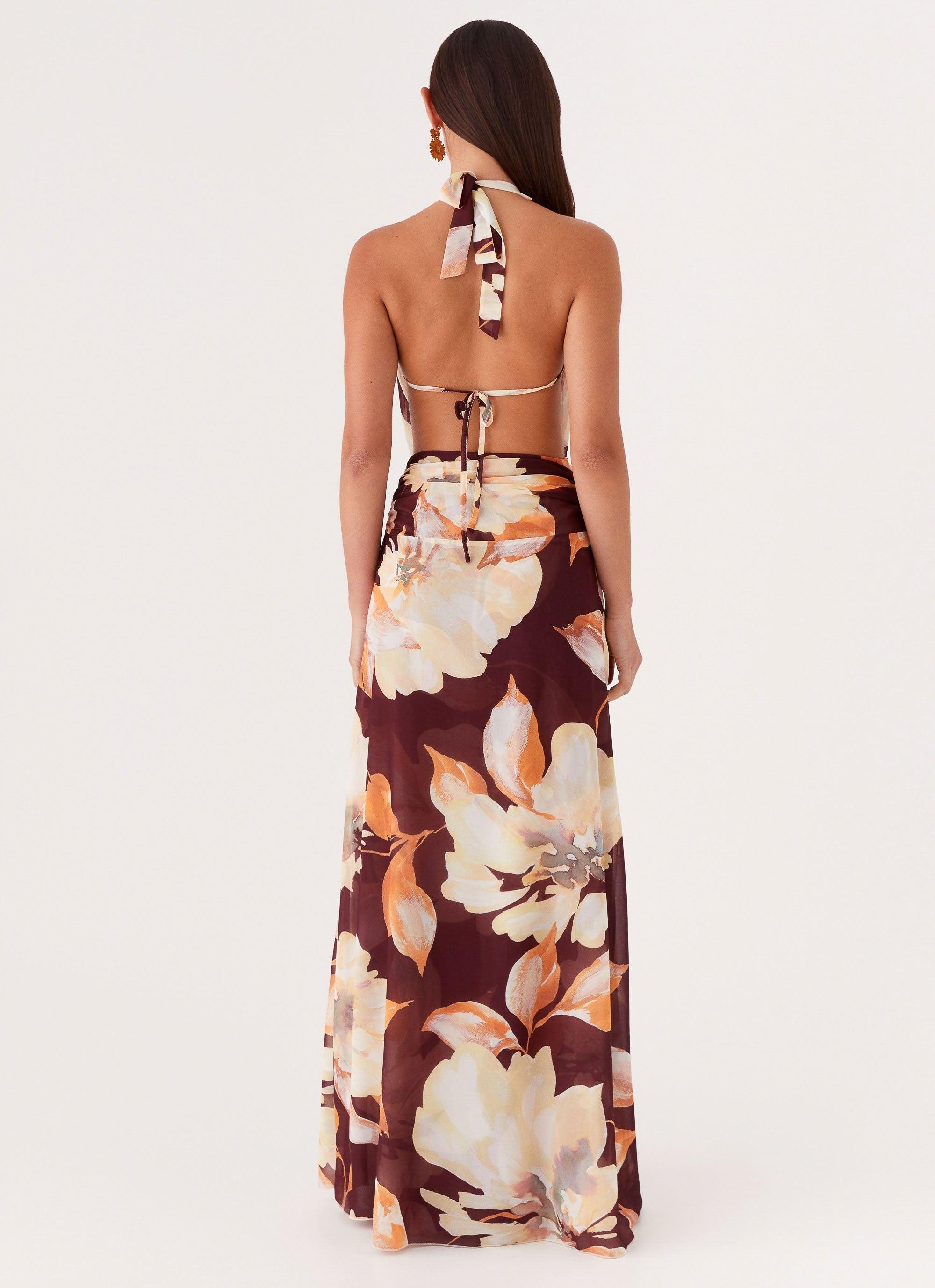 Elysia Chiffon Maxi Dress - Brown Floral Product Image