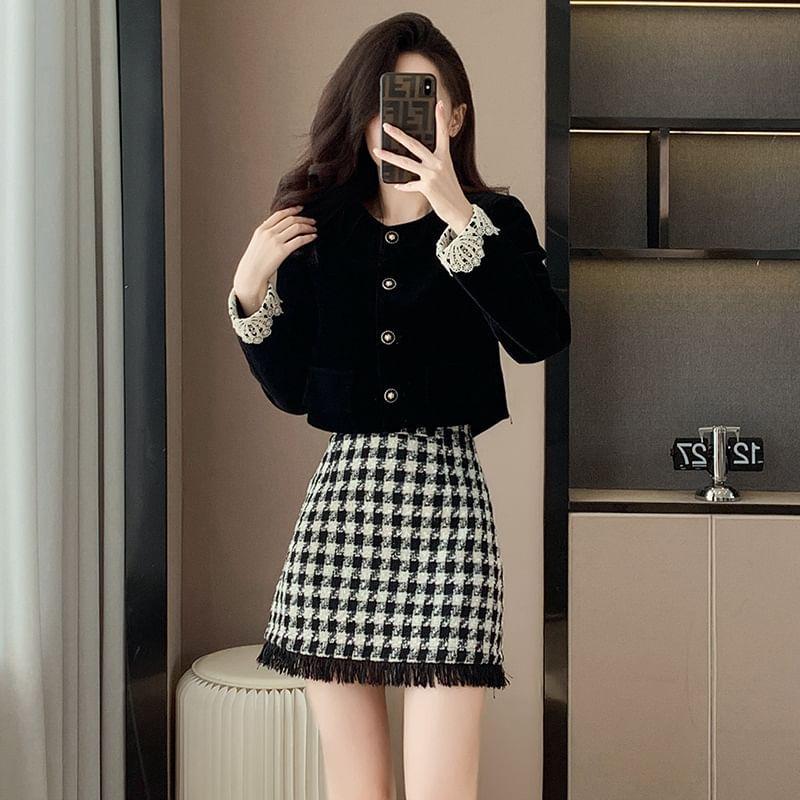 Set: Collared Quilted Lining Lace Panel Velvet Button Jacket + High Waist Fringe Houndstooth Mini A-Line Skirt Product Image