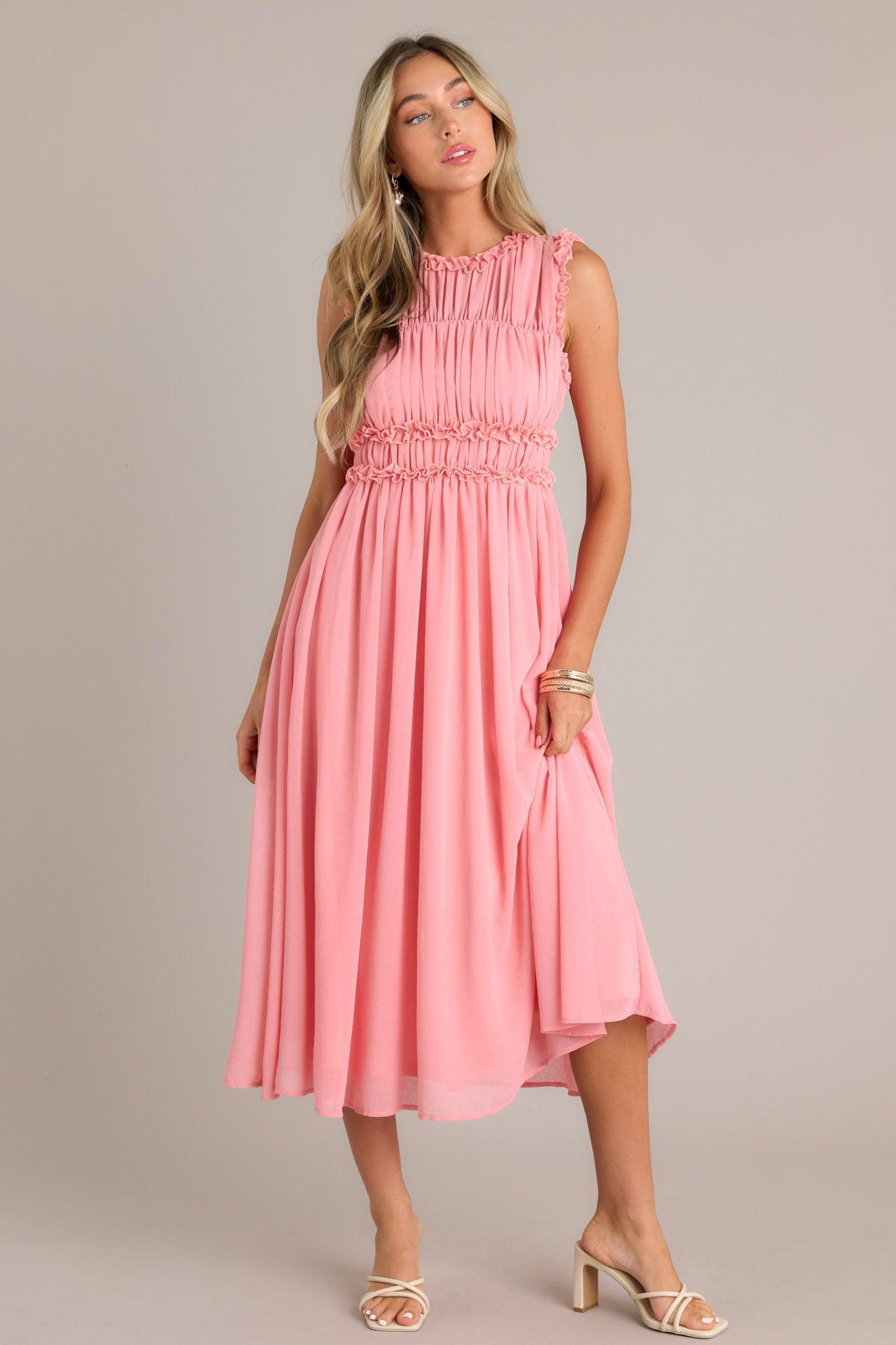 Graceful Gathering Pink Coral Sleeveless Midi Dress Product Image