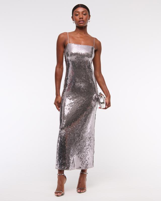 Straight Neck Sequin Midi Dress Product Image