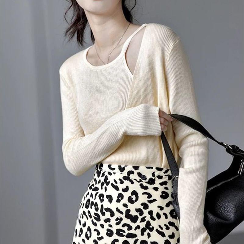 Asymmetrical Neck Plain Ribbed Sweater Product Image