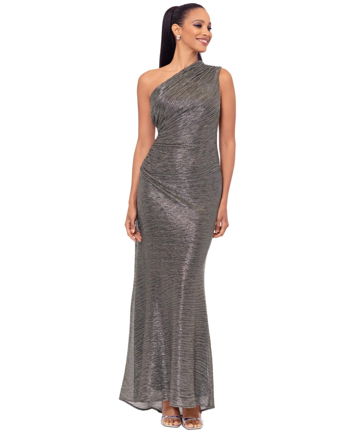 Betsy & Adam Womens Metallic One-Shoulder Sleeveless Gown - Black/Gold Product Image