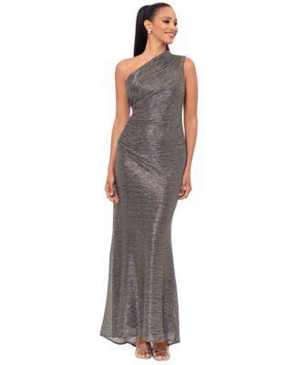 Betsy & Adam Womens Metallic One-Shoulder Sleeveless Gown - Black/Gold Product Image