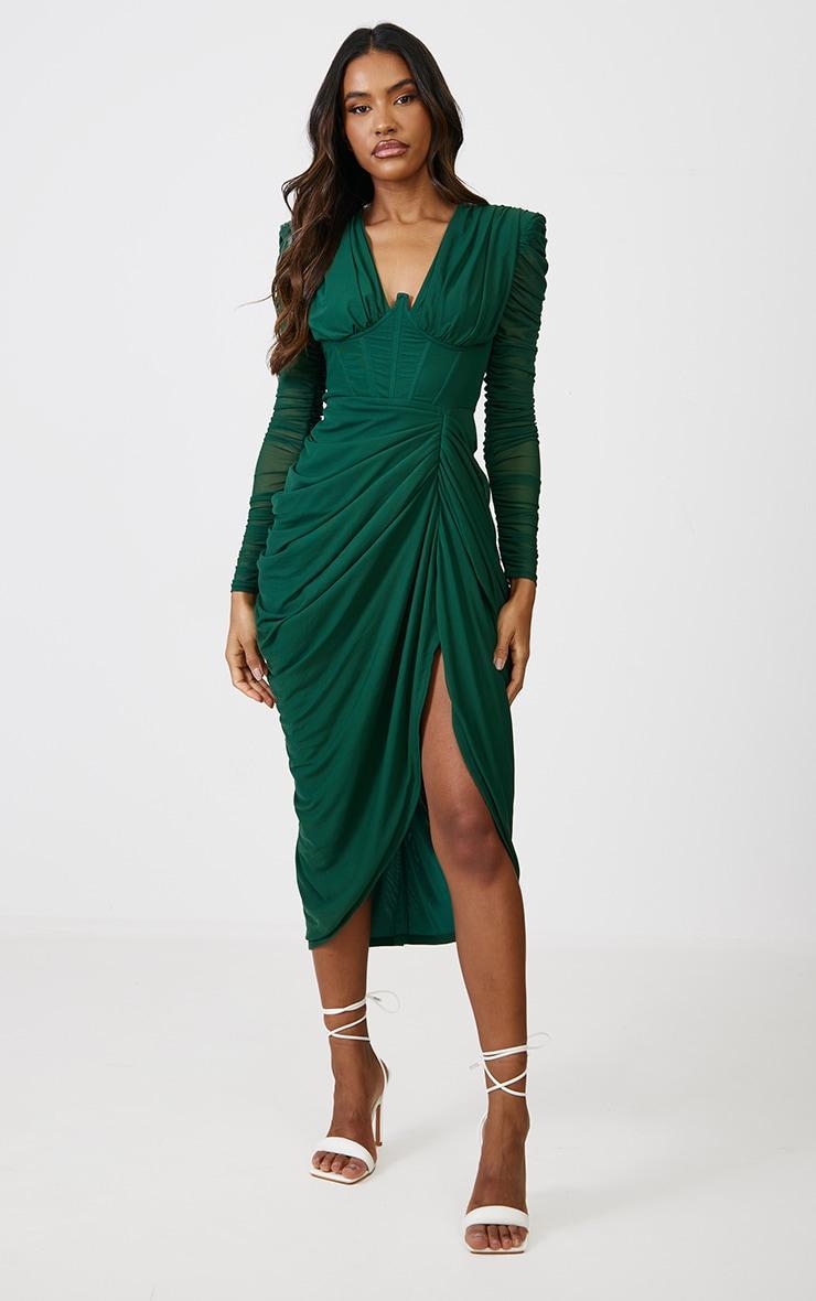 Emerald Green Mesh Ruched Long Sleeve Draped Midi Dress Product Image