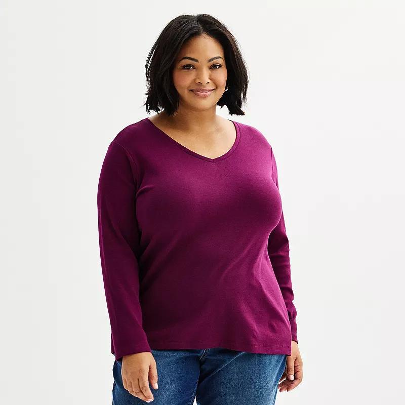 Plus Size Croft & Barrow Essential V-Neck Top, Womens Madeira Pink Product Image