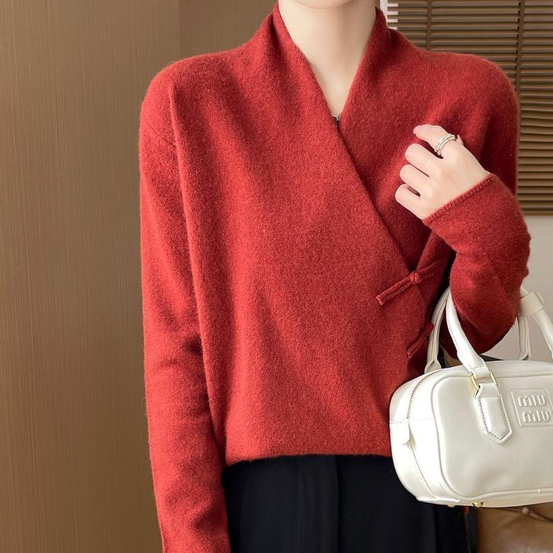 V-Neck Plain Wrap Knot Button Sweater product image