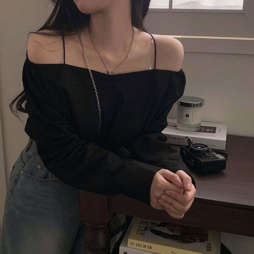 Long Sleeve Cold Shoulder Plain Blouse Product Image