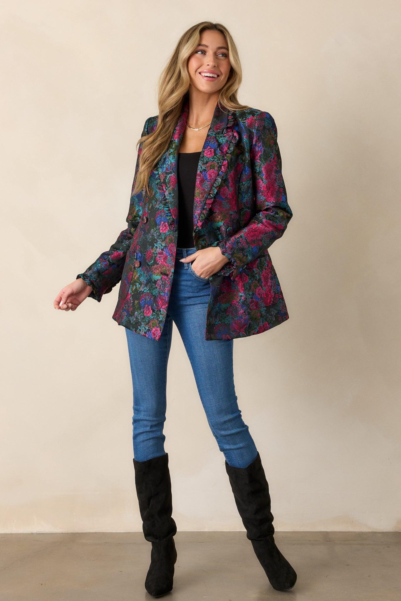 Feel The Vibe Navy Floral Jacquard Blazer Product Image