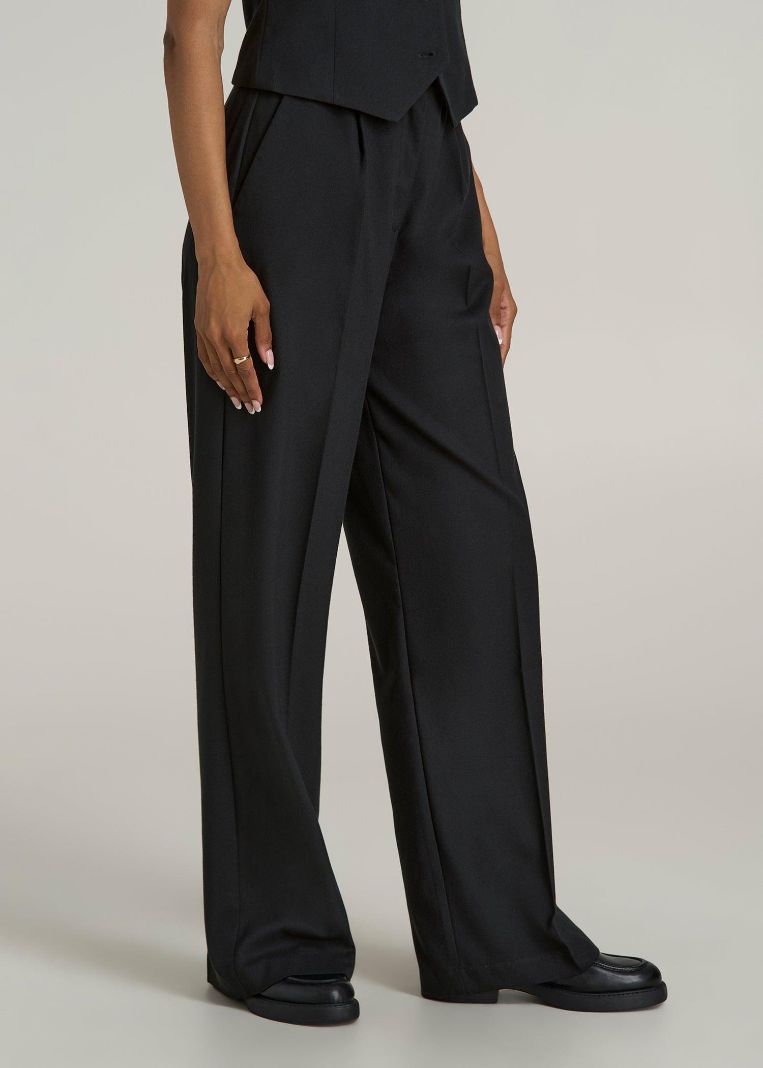 High-Rise Wide-Leg Pleated Dress Pants for Tall Women in Black Product Image