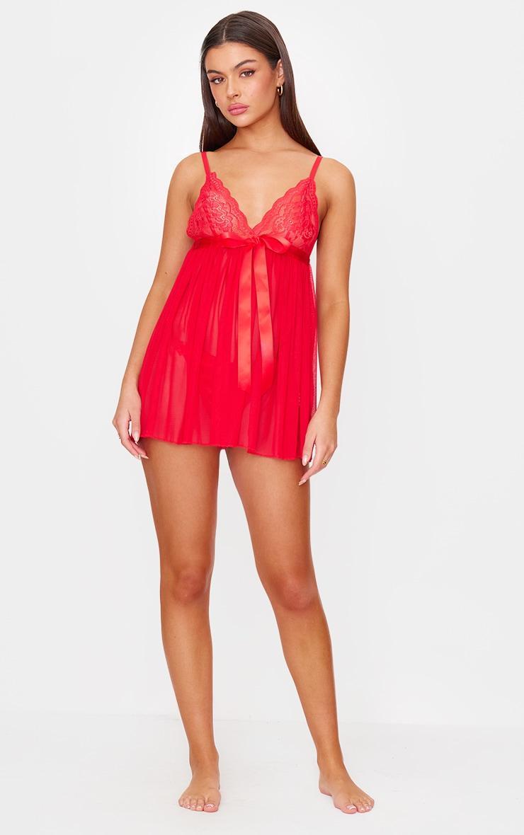 Red Lace Bow Detail Babydoll Product Image