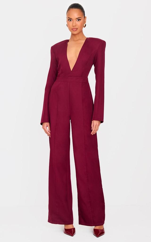 Burgundy Woven Plunge Long Sleeve Straight Leg Jumpsuit Product Image