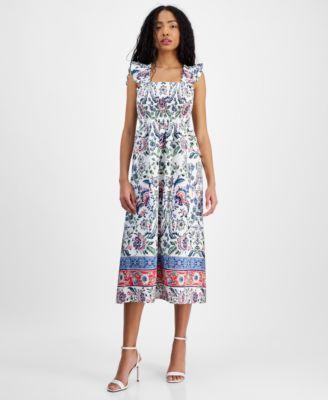 Anne Klein Womens Floral-Print Smocked Midi Dress - Prl Wht Product Image