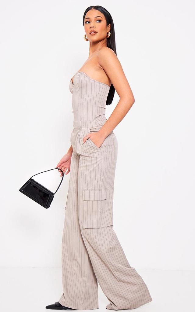 Tall Mocha Pinstripe Bandeau Wide Leg Jumpsuit Product Image