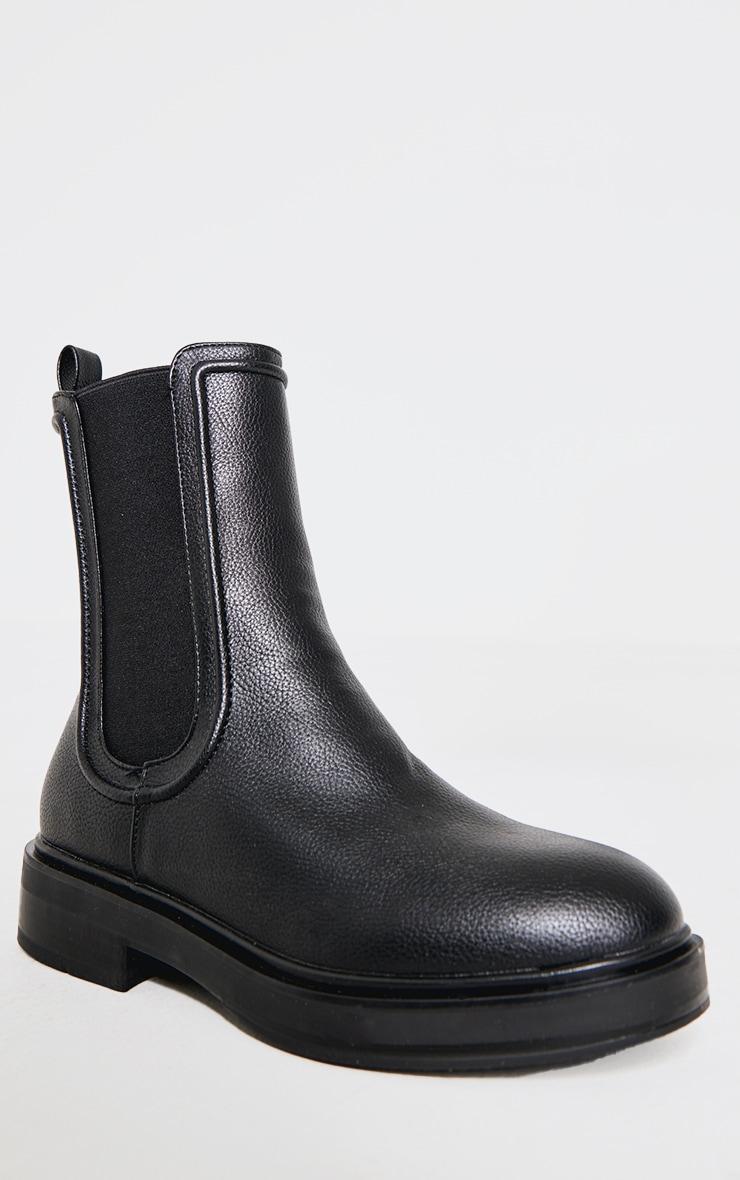 Black Pu Round Toe Chelsea Chunky Ankle Boots Product Image