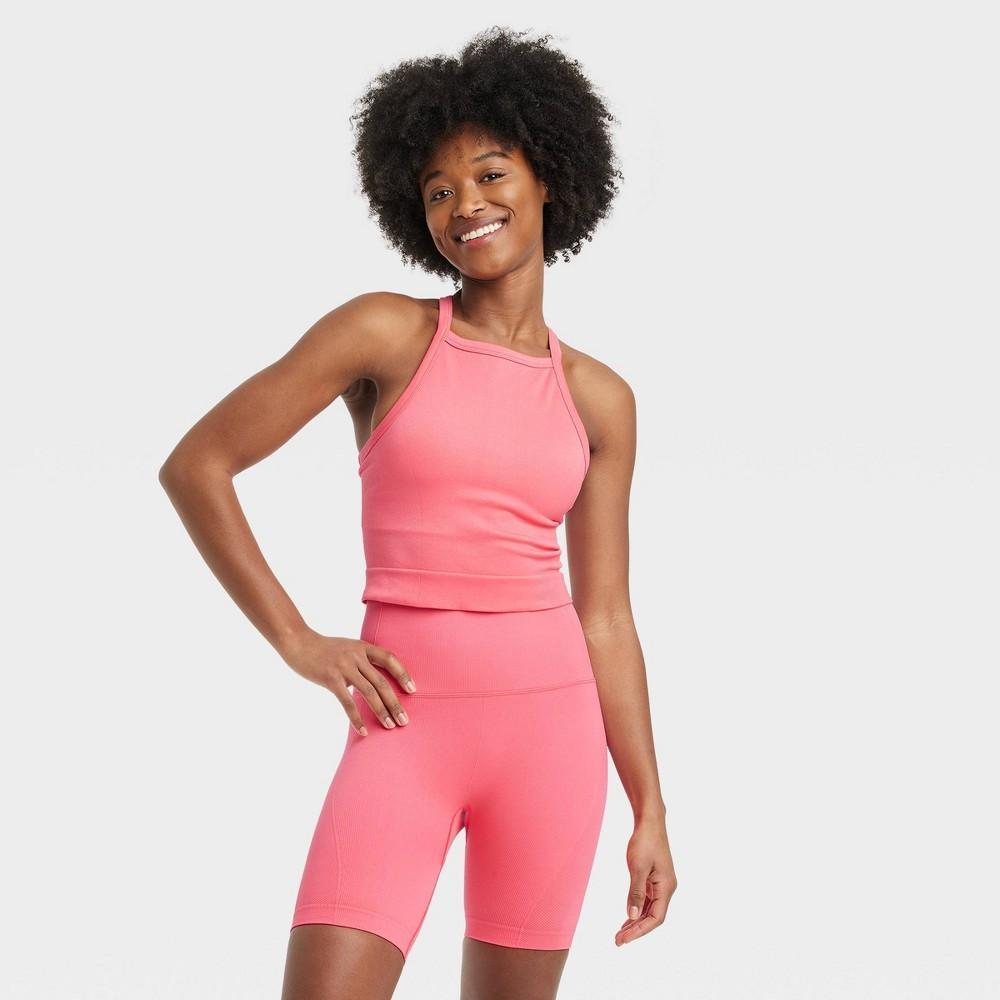 Womens Seamless Rib Cropped High Neck Tank Top - All In Motion Coral XXL Product Image