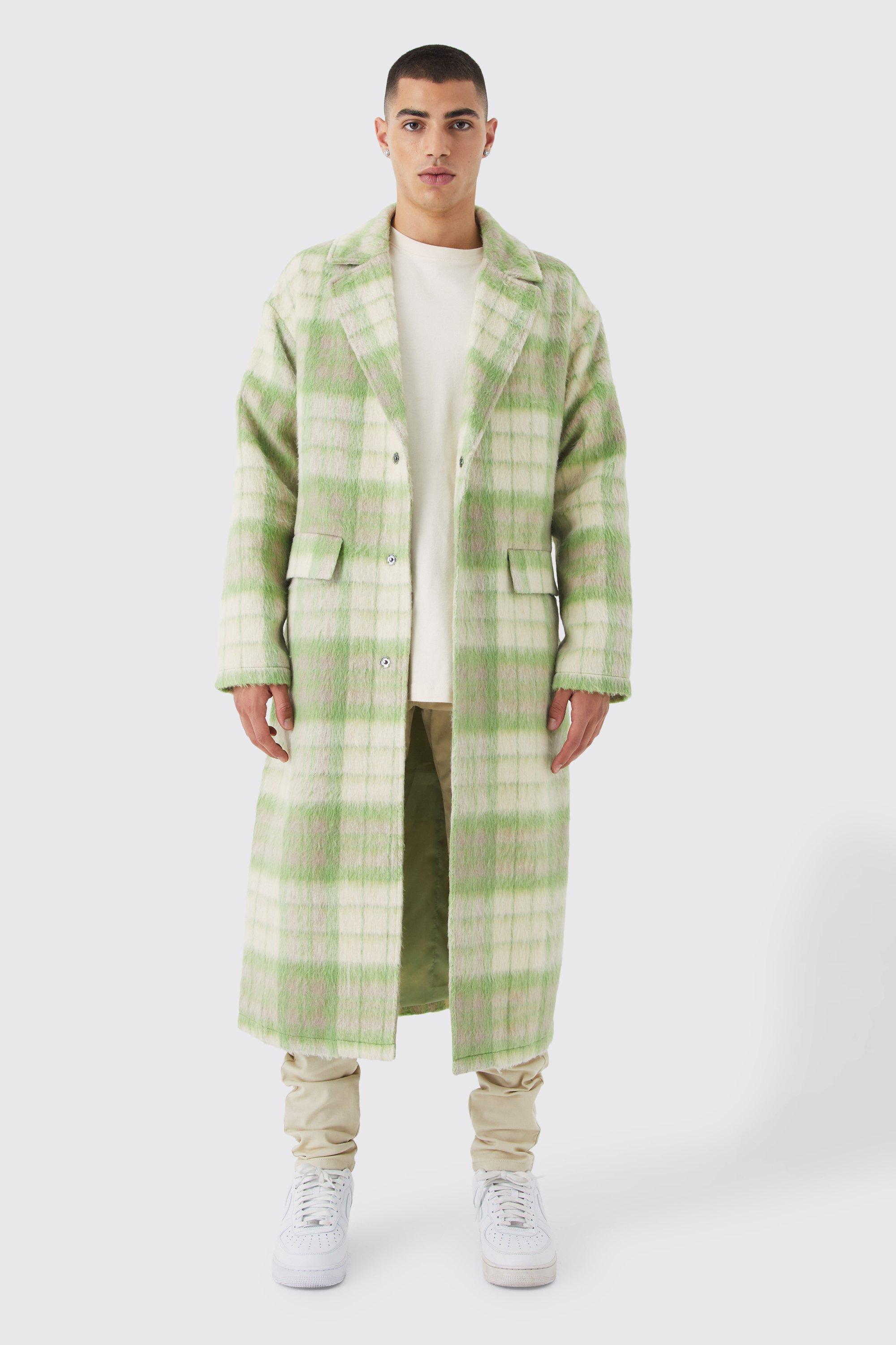 Longline Brushed Check Belted Overcoat | boohooMAN USA Product Image