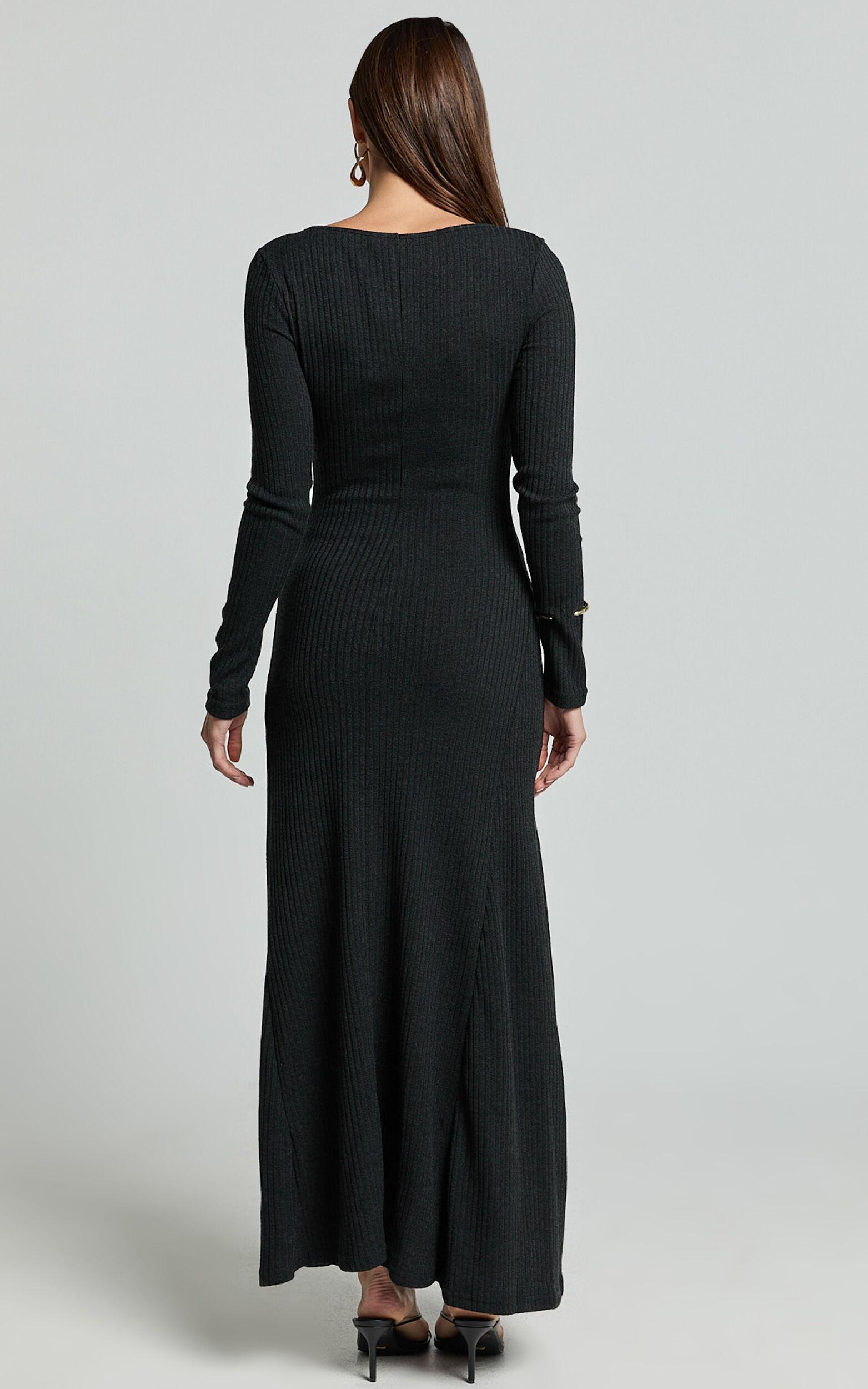 Lydia Midi Dress - V Neck Long Sleeve Knitted Dress in Black Product Image