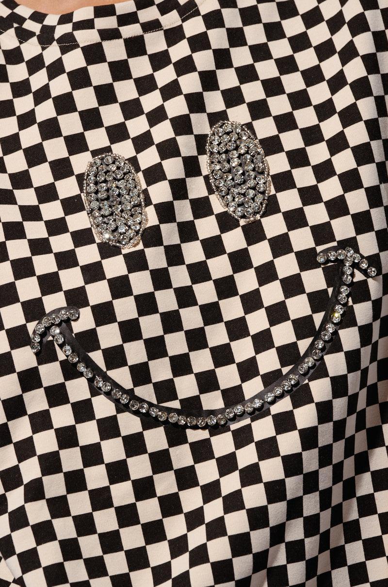 RHINESTONE SMILEY FACE OVERSIZED CHECKERED TSHIRT Product Image