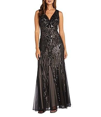 R  M Richards Sleeveless V-Neck Godet Skirt Embellished Long Sequin Dress Product Image