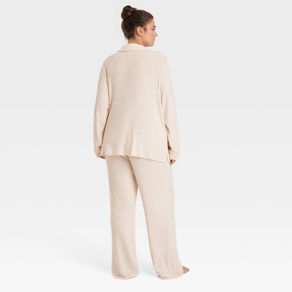 Womens Cozy Ribbed Long Sleeve Notch Collar Shirt and Pants Pajama Set - Auden Oatmeal 3X Product Image