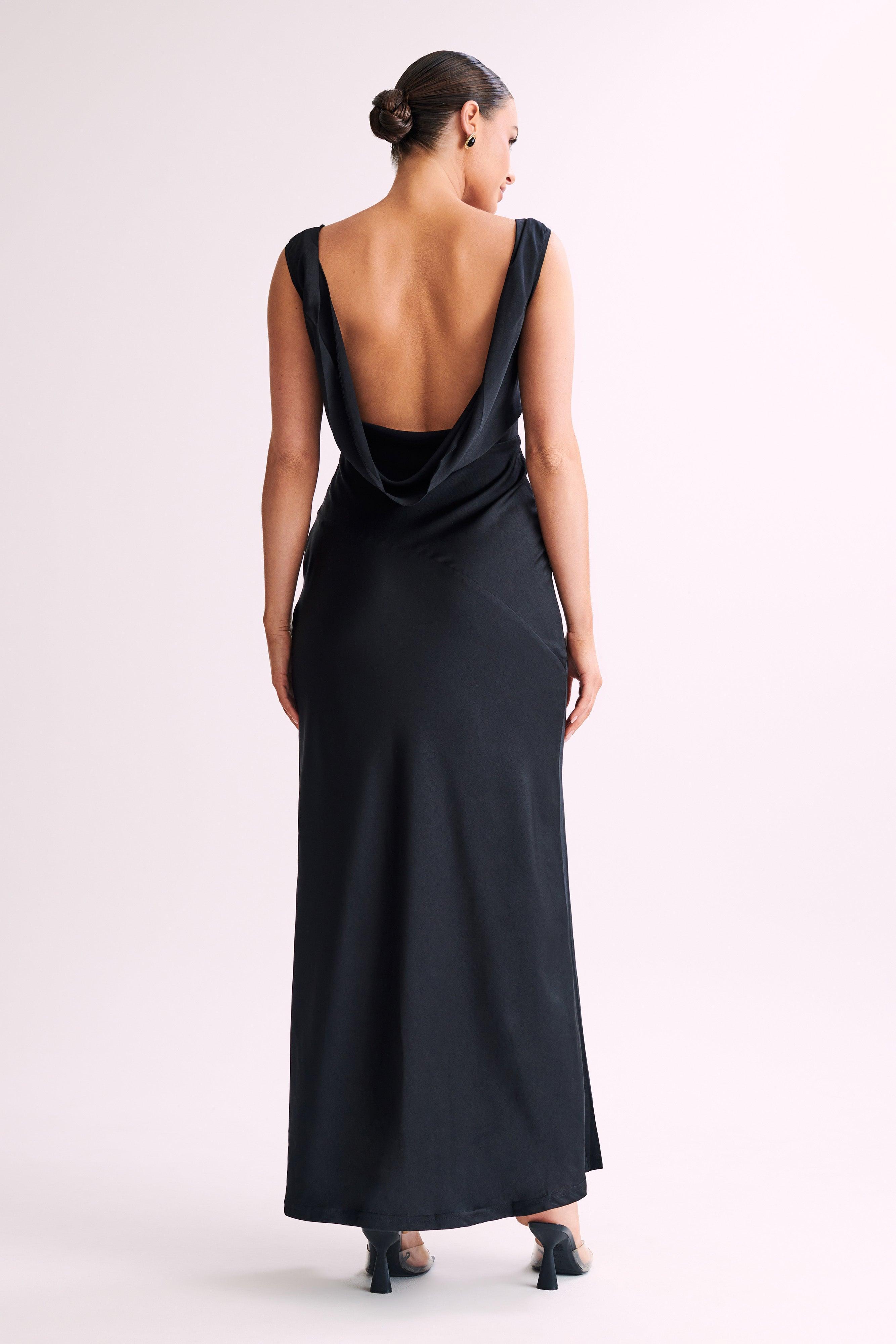 Nadia Maxi Satin Dress With Back Cowl - Black Product Image