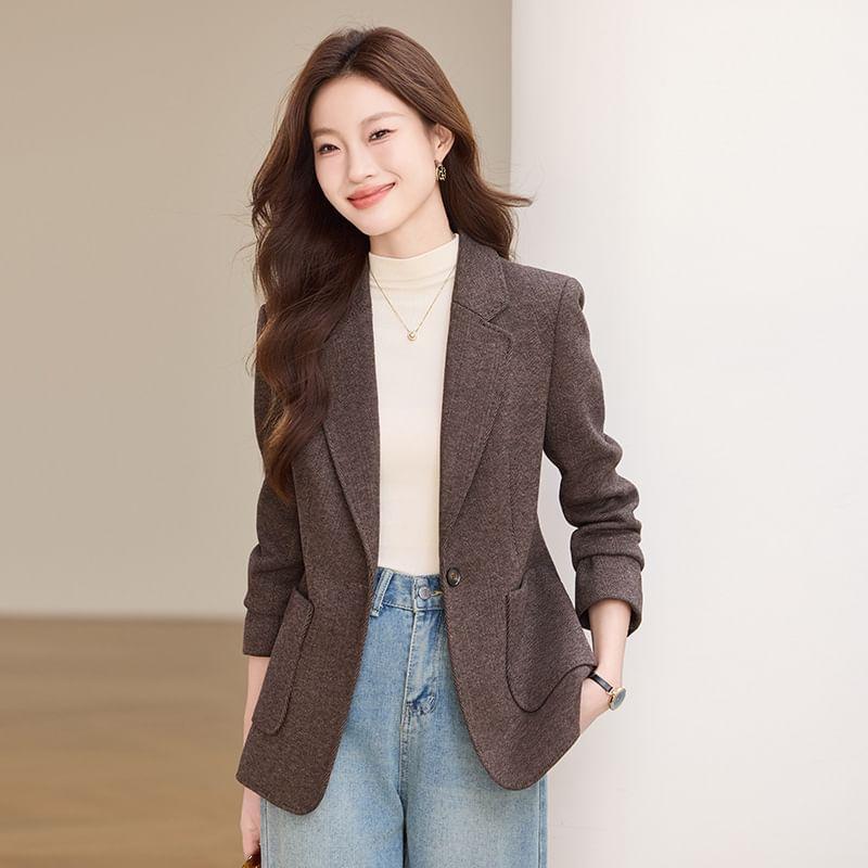 Lapel Collar Plain Single Button Blazer Product Image