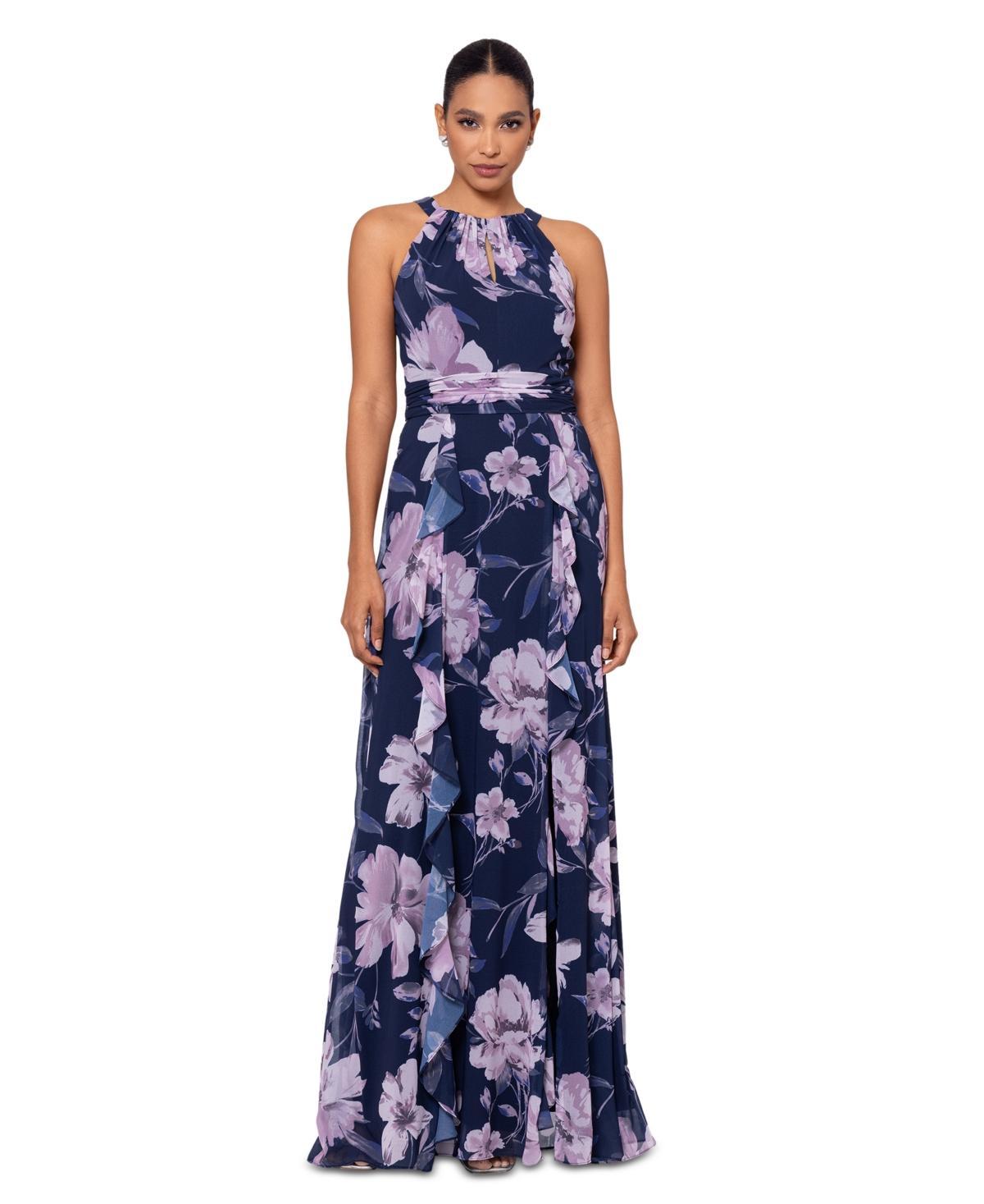 Xscape Womens Floral Chiffon Halter-Neck Gown - Navy Product Image