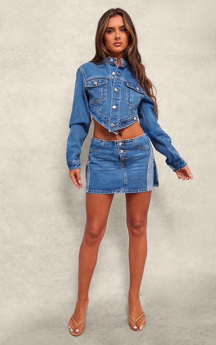 Mid Blue Wash Hanky Hem Cropped Denim Jacket Product Image