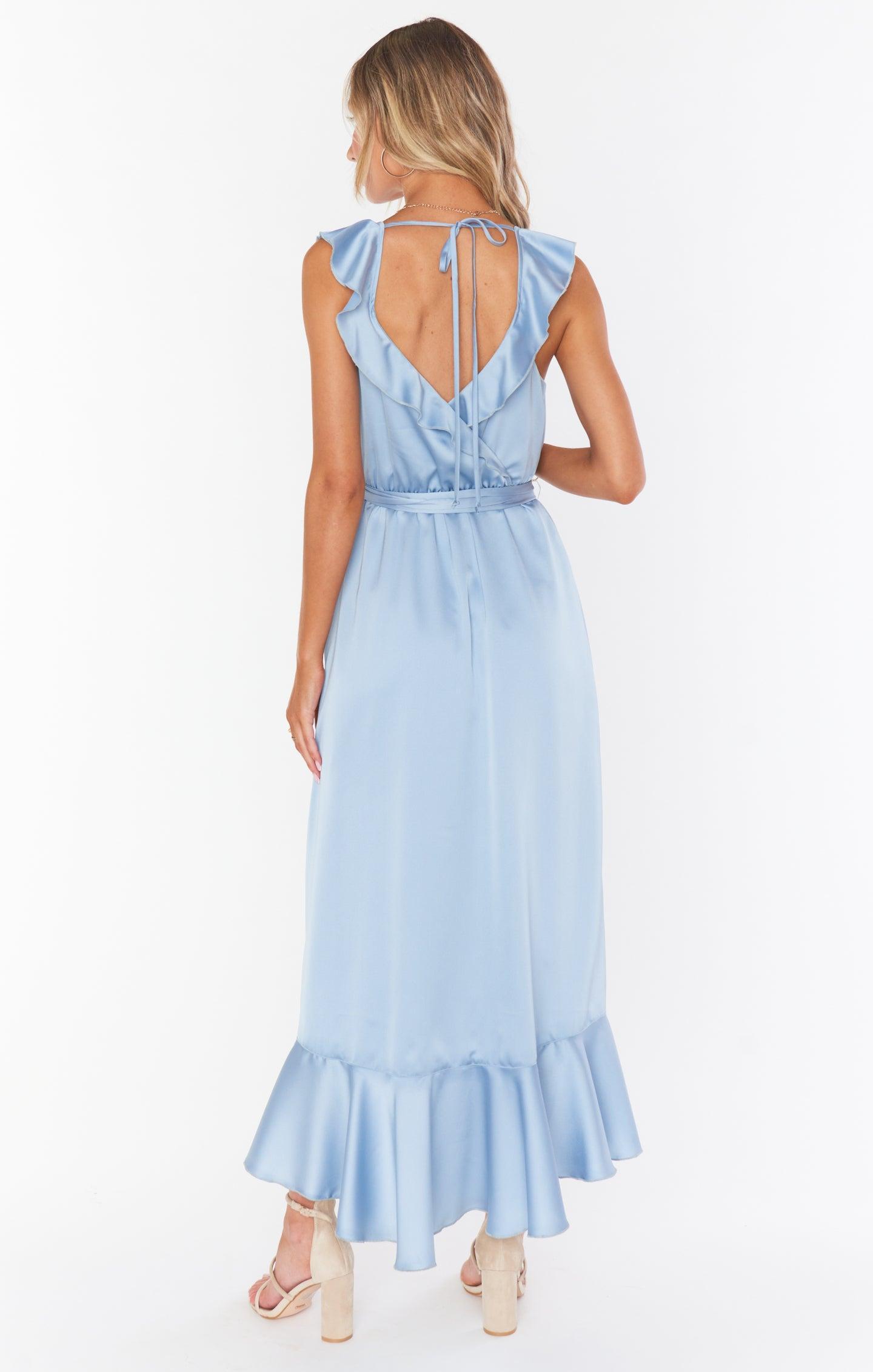 Samantha Ruffle Wrap Dress ~ Steel Blue Luxe Satin Product Image