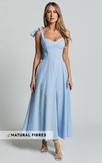 Tymia Midi Dress - Shoulder Tie Bustier Shirred Back A Line in Pastel Blue Product Image