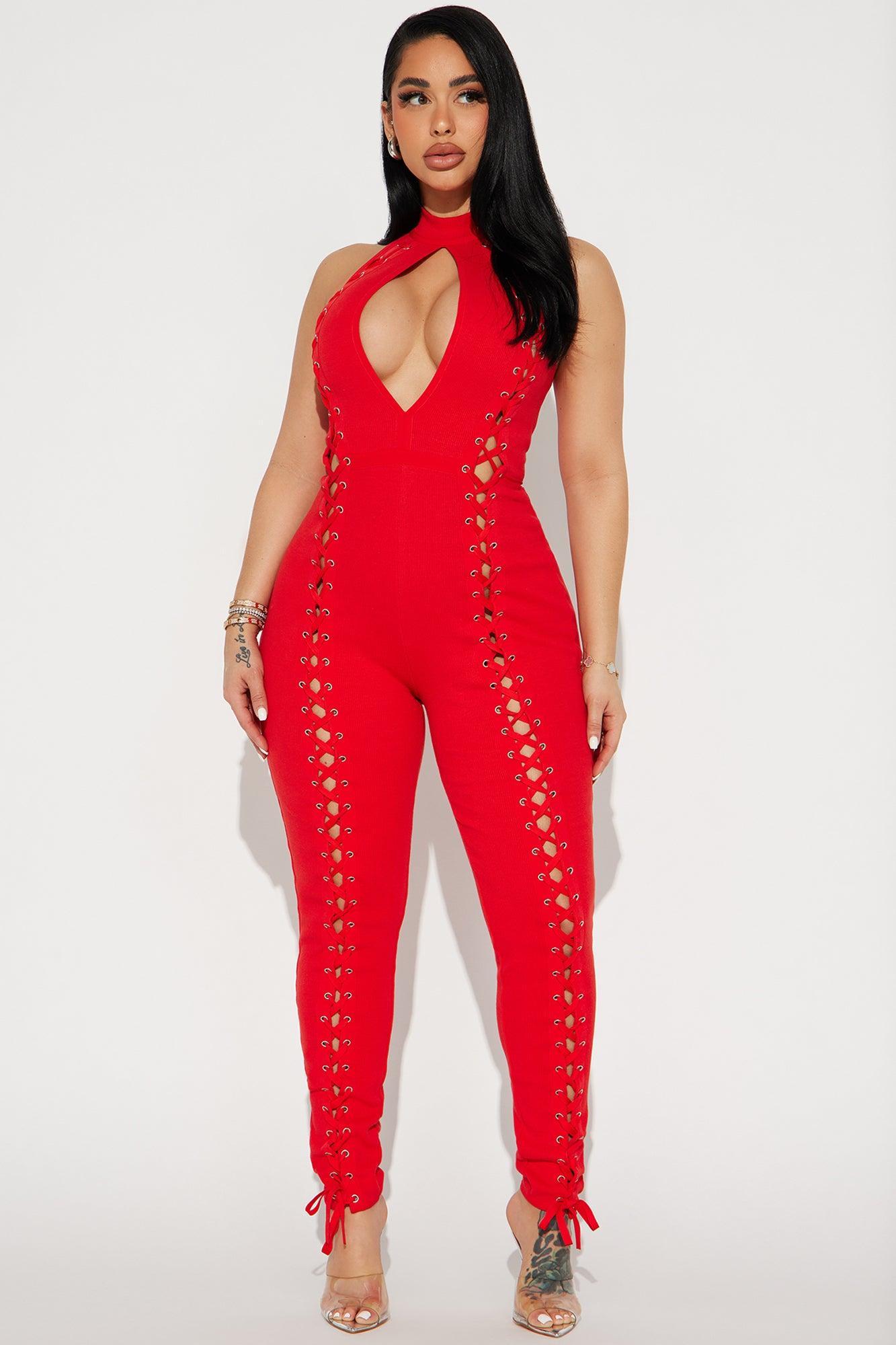 Issey Lace Up Jumpsuit - Red Product Image