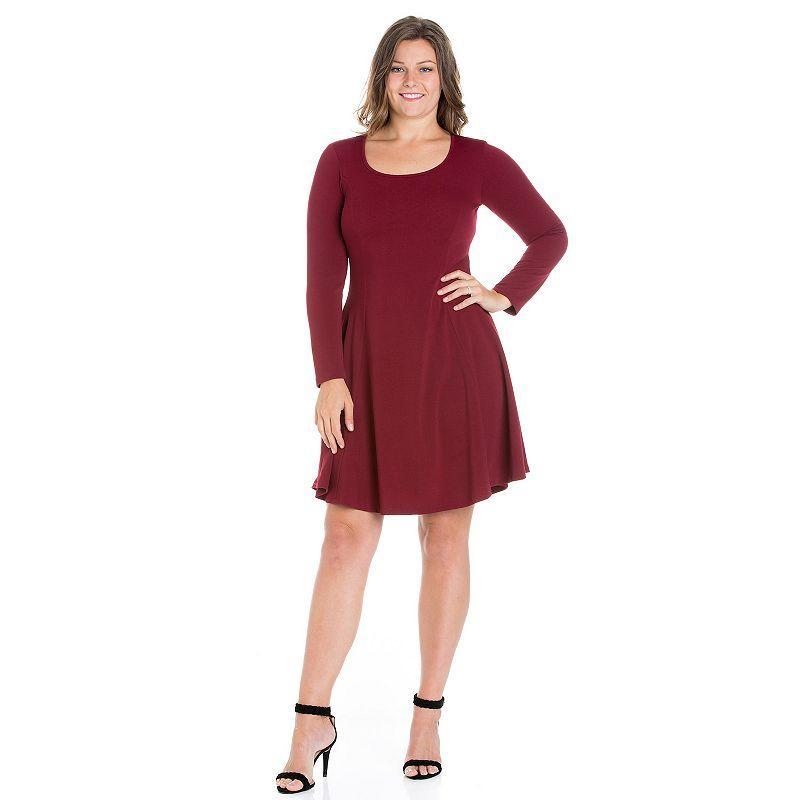 Plus Size 24seven Comfort Apparel Long Sleeve Knee Length Skater Dress, Womens Red Product Image