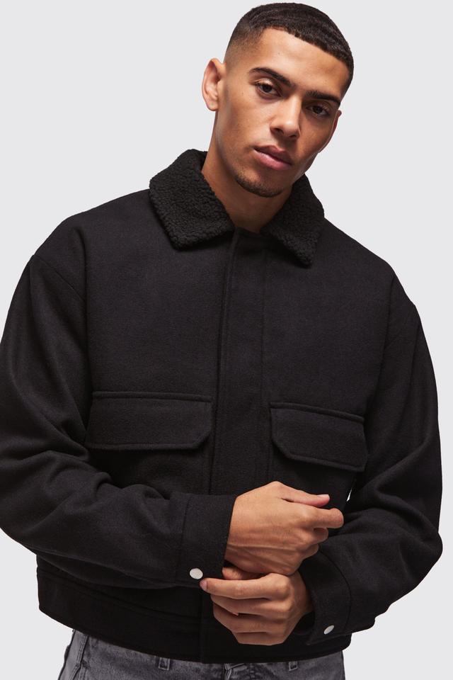 Boxy Borg Collar Harrington In Black | boohooMAN USA Product Image