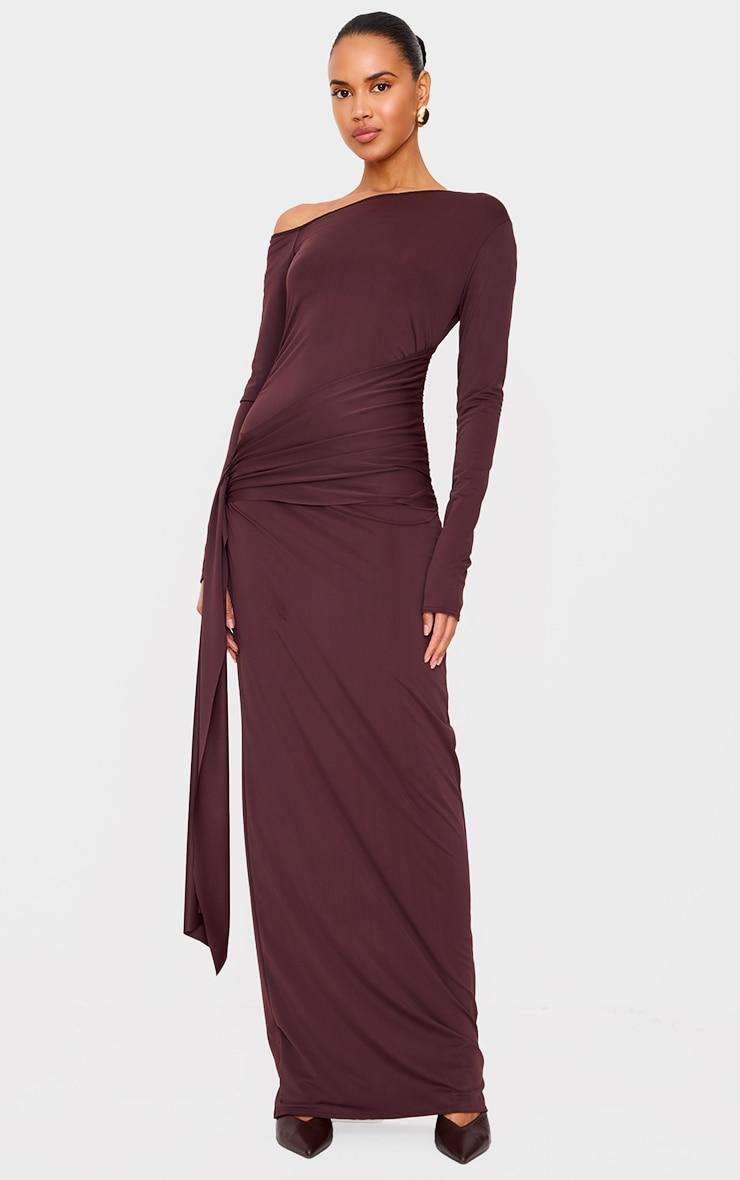 Chocolate Matte Sculpt Fold Over Ruched Drape Maxi Dress Product Image