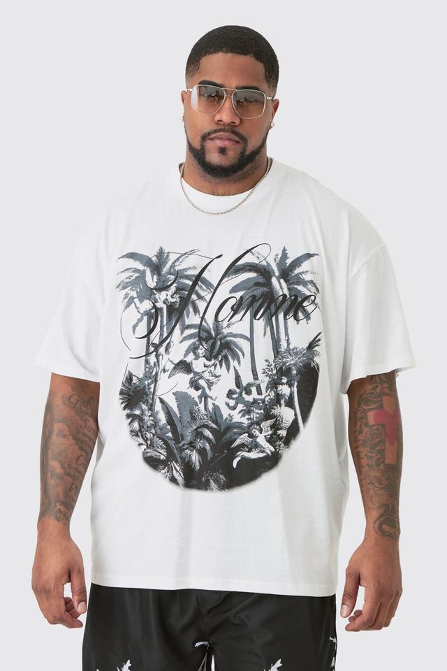 Mens Plus Oversized Palm Renaissance Print T-shirt In White, White Product Image