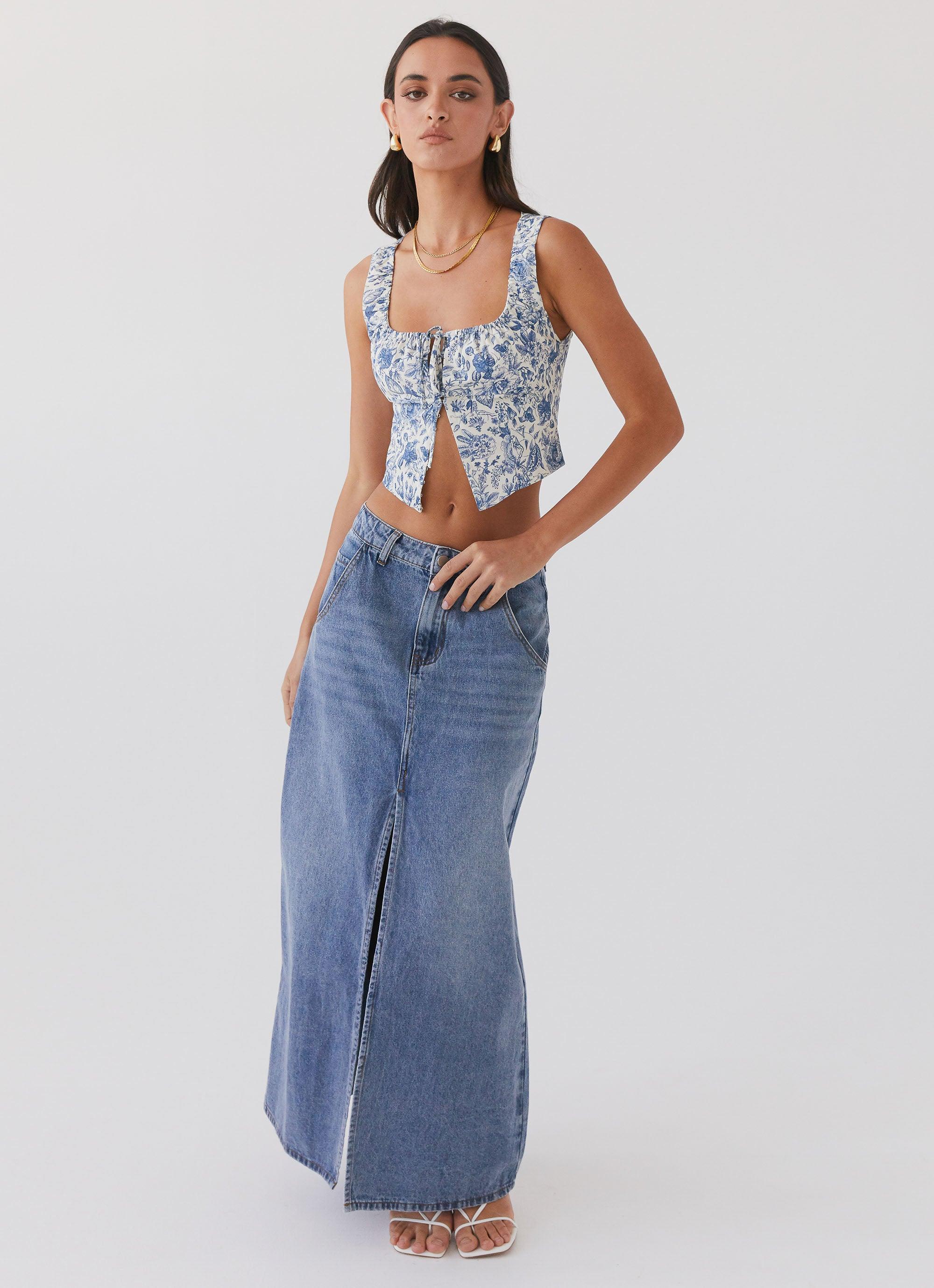 Walk This Way Denim Maxi Skirt - Blue Product Image