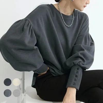 Drop Shoulder Balloon Sleeve Plain Pullover Product Image